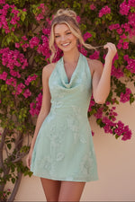 3D Floral Halter Mini Dress with Open Back
