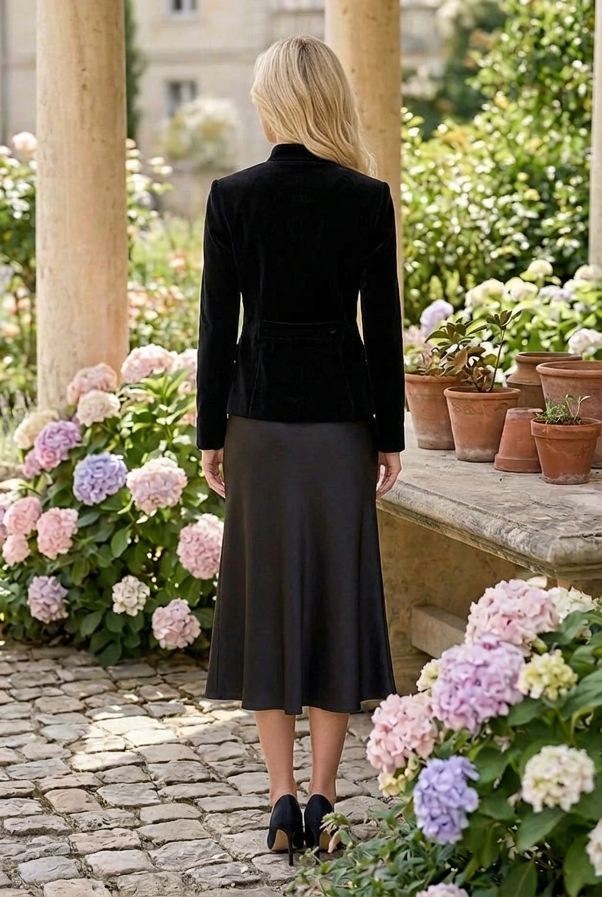 Velvet Jacket and Satin Midi Skirt Two-Piece Set