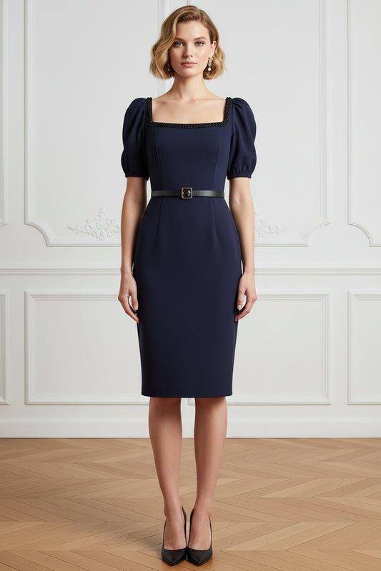 Square Neck Puff Sleeve Sheath Dress with Belt