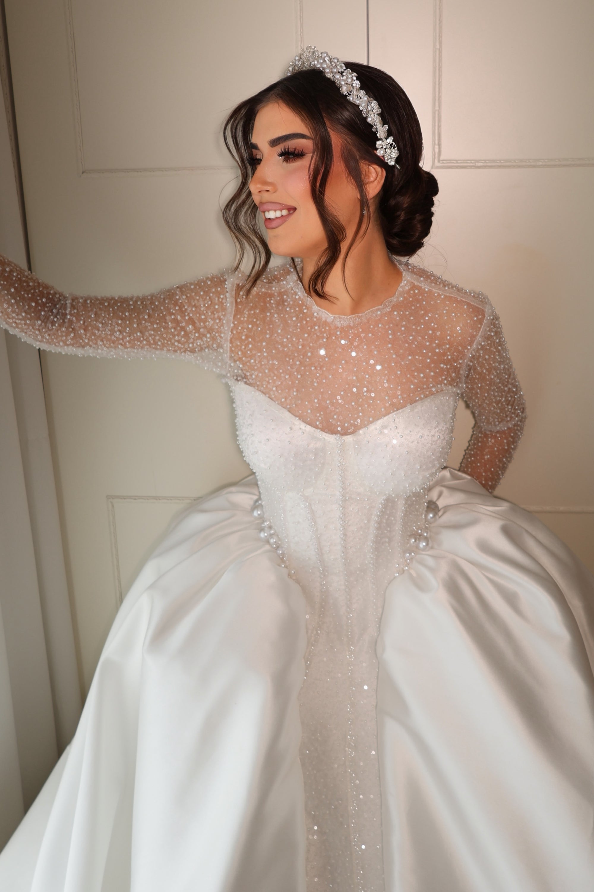 Illusion Sleeve Ball Gown Wedding Dress with Corset Bodice