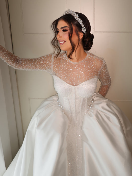 Illusion Sleeve Ball Gown Wedding Dress with Corset Bodice