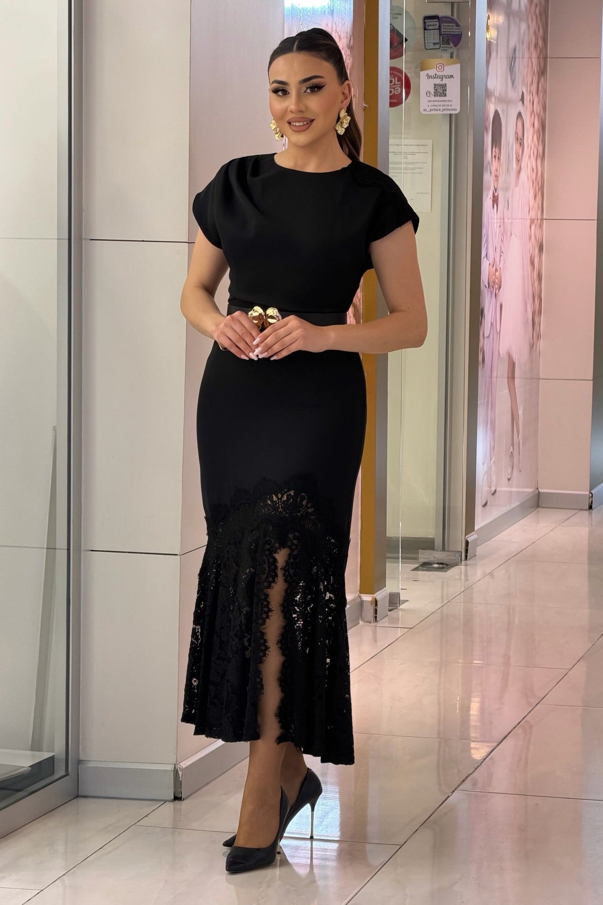 Cap Sleeve Cowl Neck Midi Dress with Lace Hem