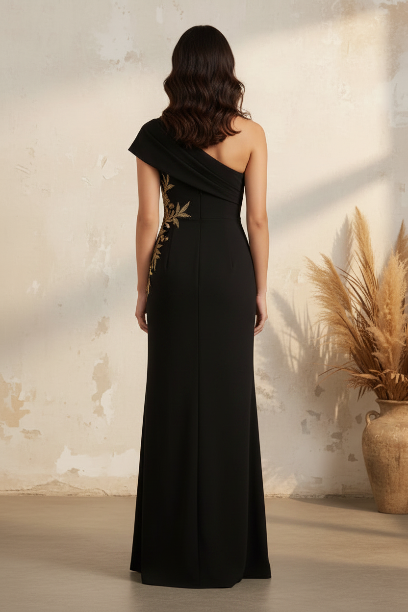 One-Shoulder Embroidered Evening Gown with High Slit