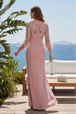Embroidered Gown with Feather Cuffs & Ruffle