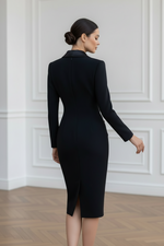 Satin Lapel Ruched Long Sleeve Midi Sheath Dress