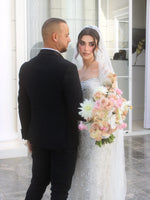 Beaded Lace Long Sleeve Wedding Gown with Square Neck