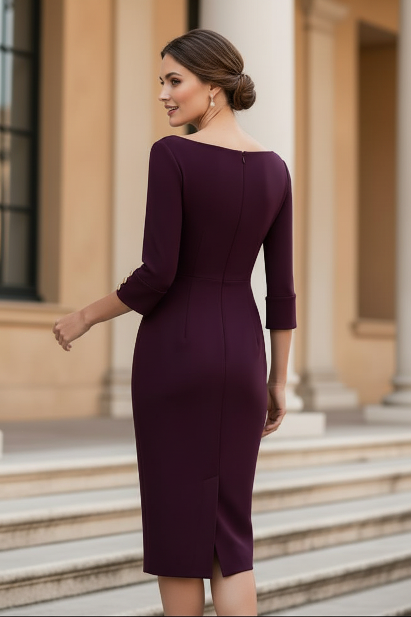 Bateau Neck Midi Sheath Dress with Button Cuffs