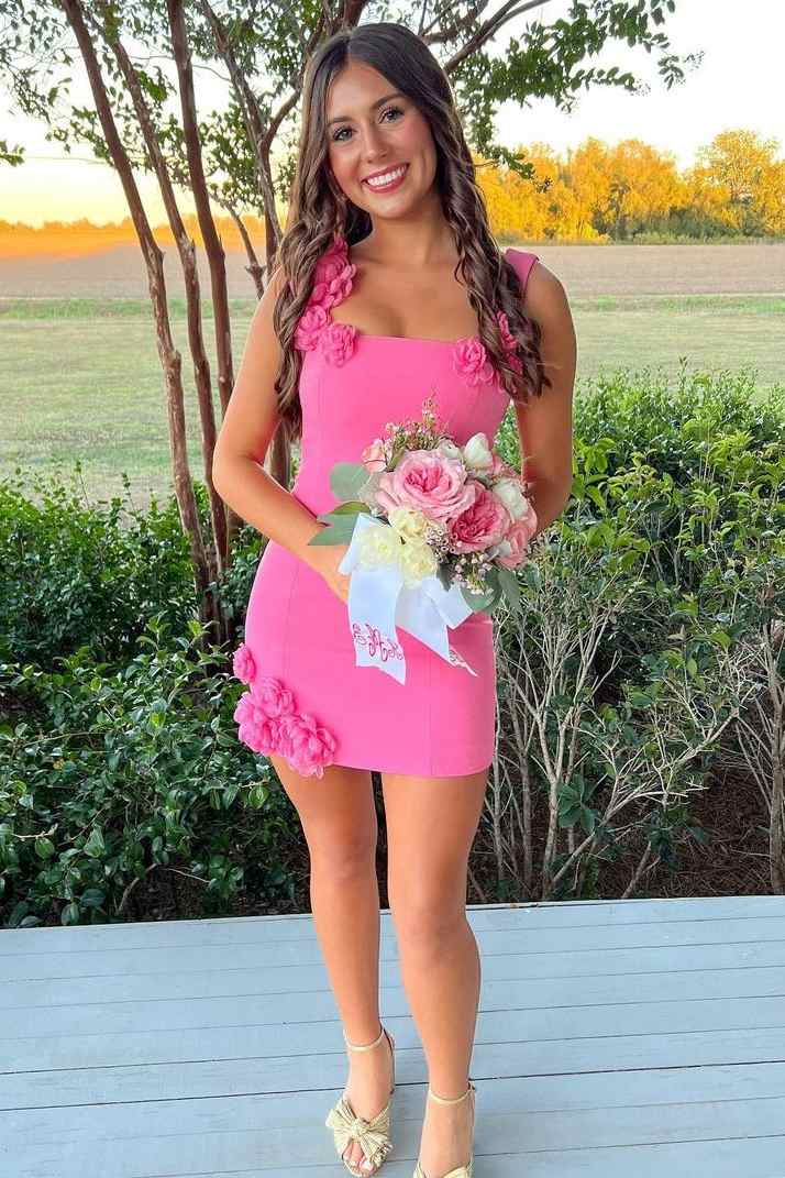 3D Floral Applique Square Neck Mini Dress