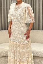 Embroidered Tiered Gown with Flutter Sleeves