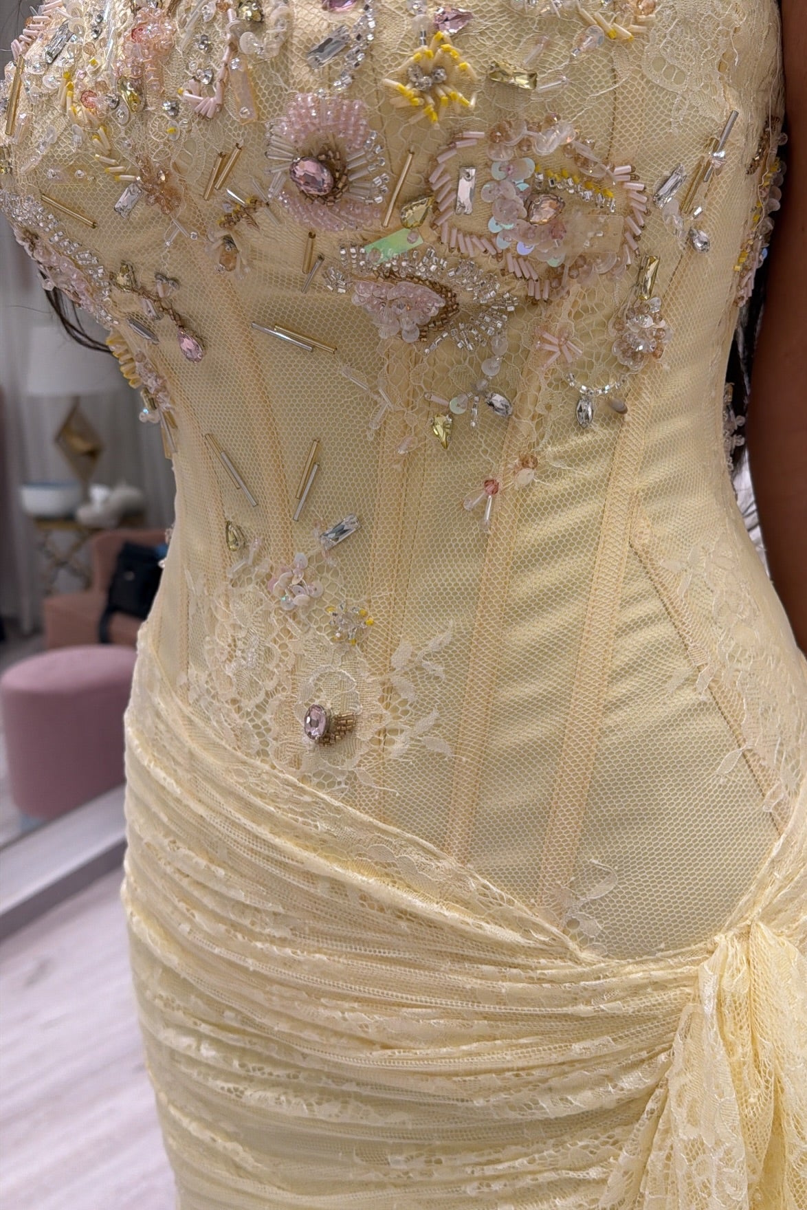 Strapless Beaded Lace Corset Gown with Slit