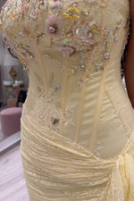 Strapless Beaded Lace Corset Gown with Slit