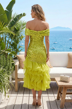 Off-the-Shoulder Sequin Midi Dress with Ruffles