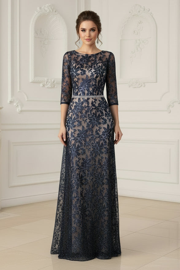 Elegant Sequin Lace A-Line Gown with 3/4 Sleeves