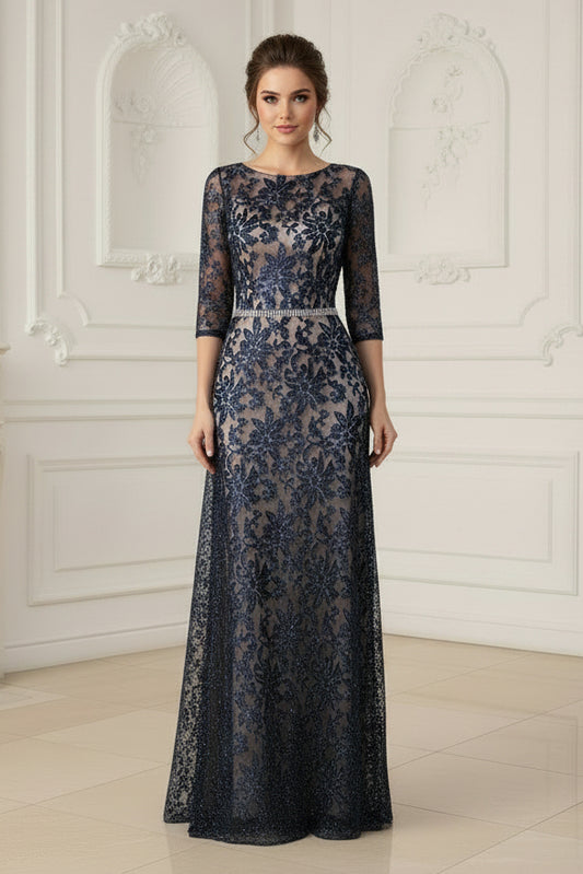 Elegant Sequin Lace A-Line Gown with 3/4 Sleeves