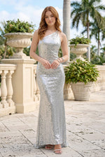 One-Shoulder Sequin Maxi Dress with Jeweled Strap