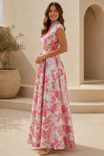 Cap Sleeve Floral Print Pleated Maxi Dress