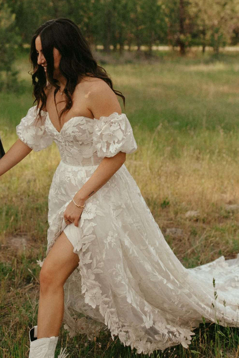 Off-the-Shoulder Floral Lace Corset Wedding Dress
