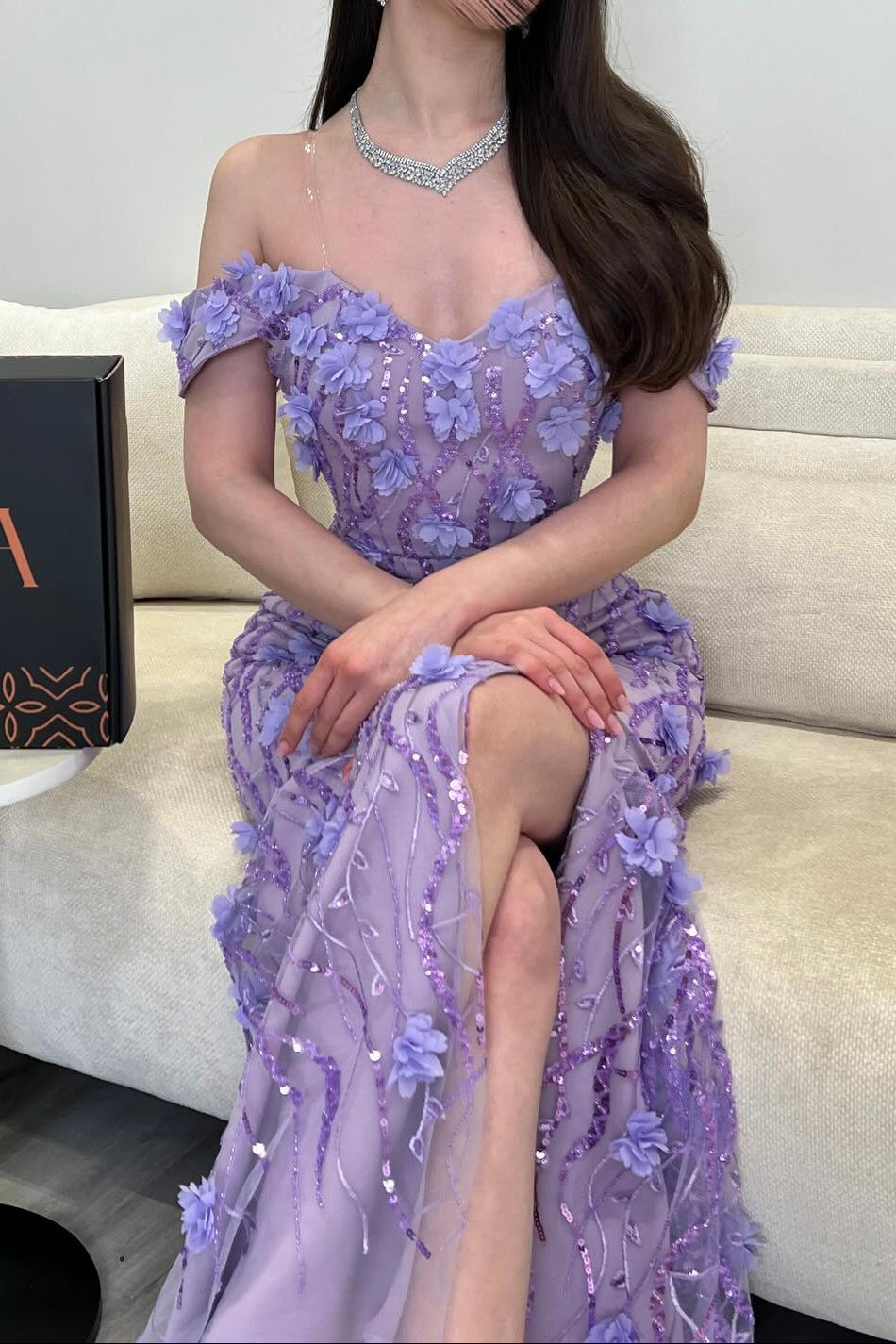 Off-Shoulder Floral Applique Evening Gown
