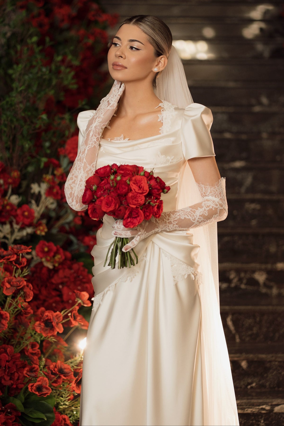 Satin Wedding Dress with Puff Short Sleeves