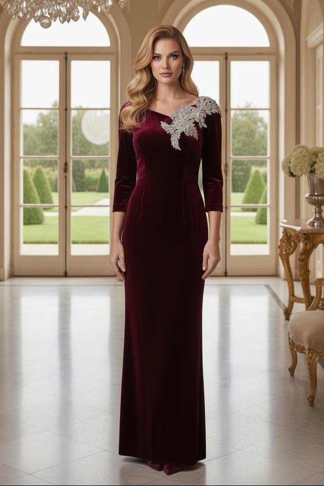 Embroidered Appliqué Velvet 3/4 Sleeve Gown