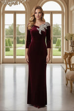 Embroidered Appliqué Velvet 3/4 Sleeve Gown