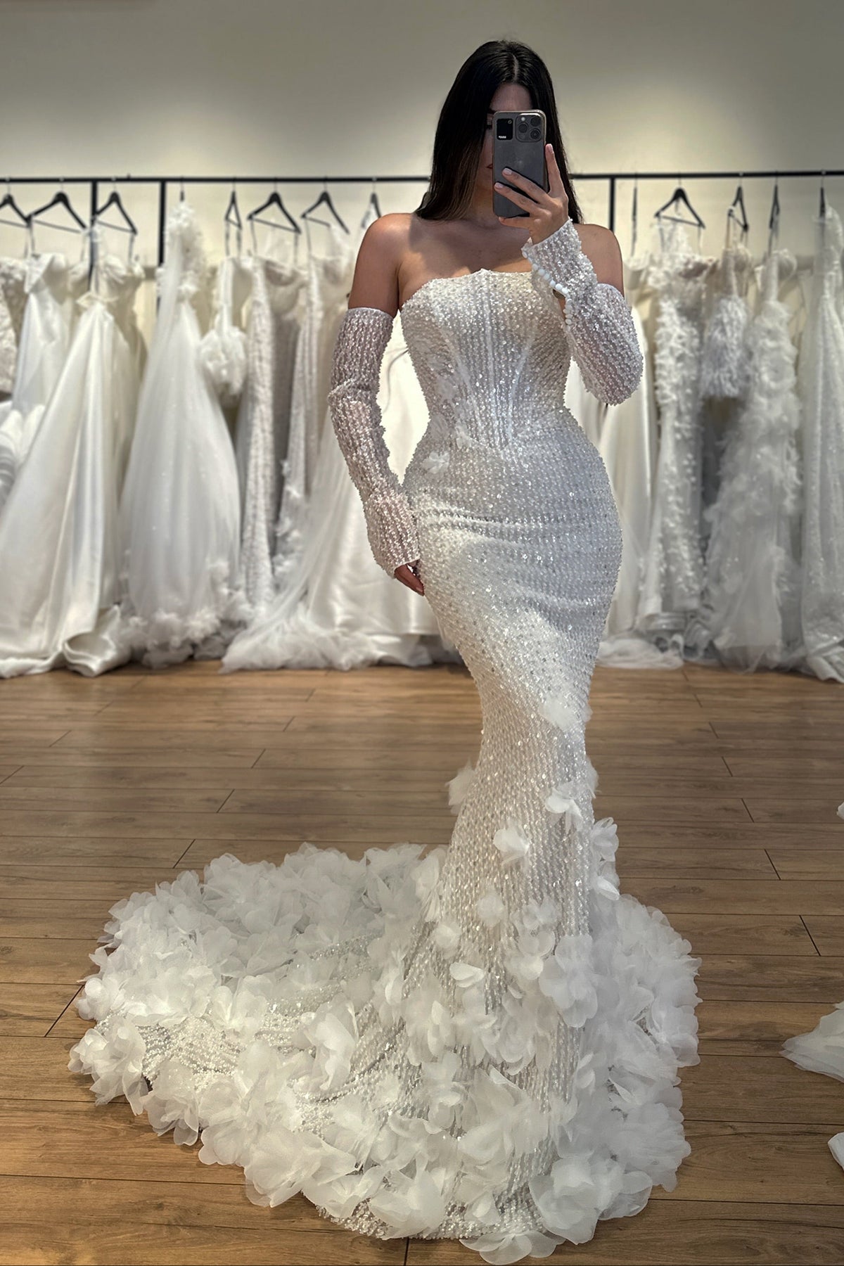 Beaded Mermaid Wedding Dress with Floral Train