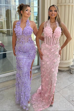 3D Floral Halter Corset Mermaid Evening Gown