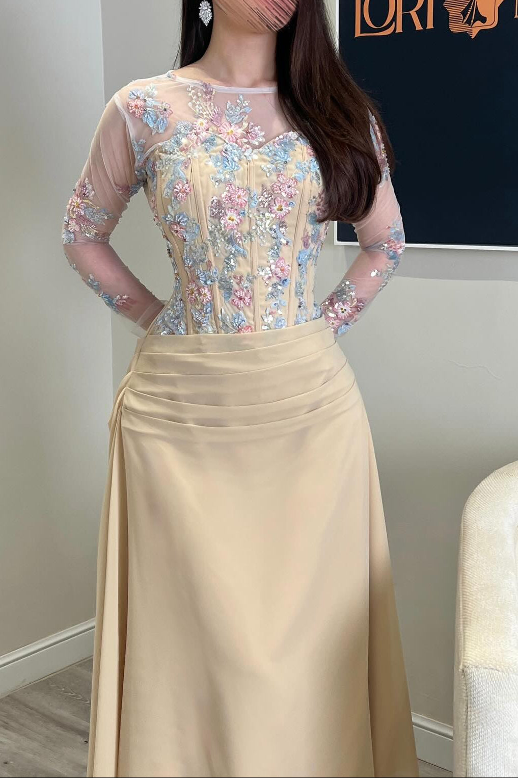 Embroidered Illusion Sleeve Midi Dress