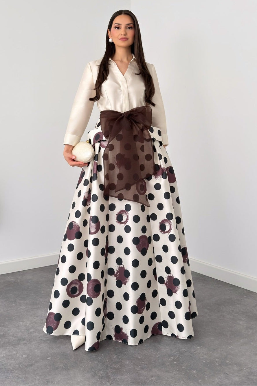 Two-Piece Satin Top and Polka Dot A-Line Maxi Skirt