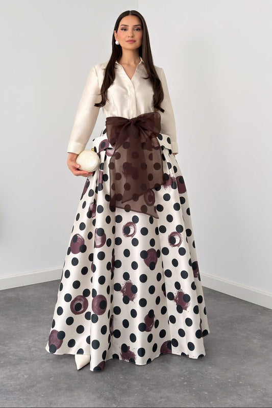 Two-Piece Satin Top and Polka Dot A-Line Maxi Skirt
