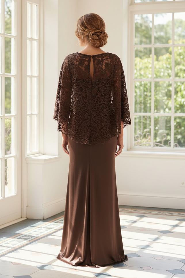 Lace Capelet Gown with Front Drape