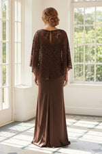 Lace Capelet Gown with Front Drape