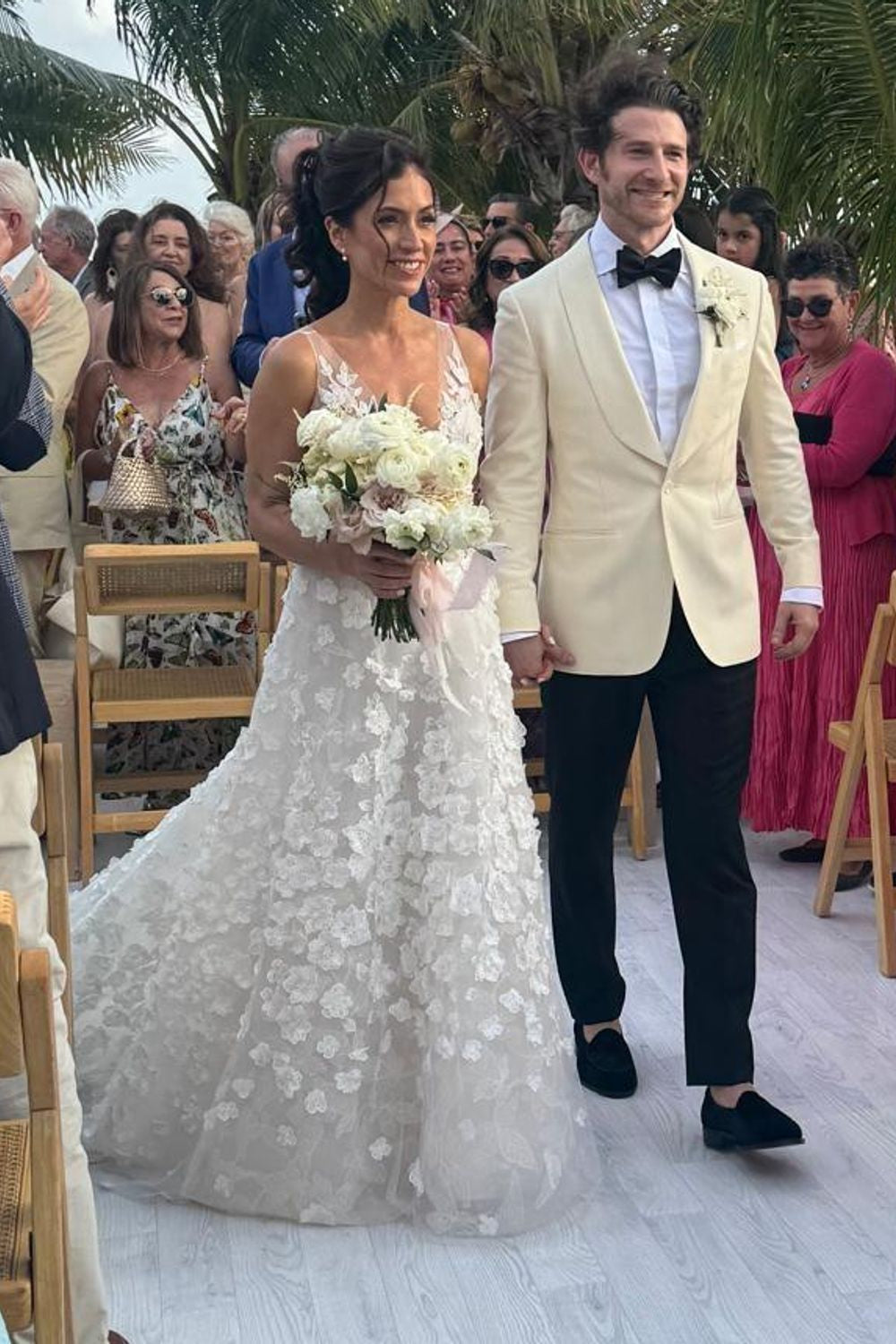 3D Floral Applique Plunging V-Neck Wedding Dress