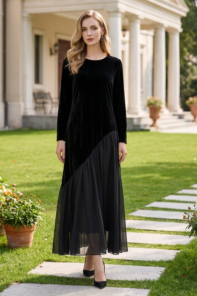 Velvet Asymmetric Chiffon Pleated Maxi Dress
