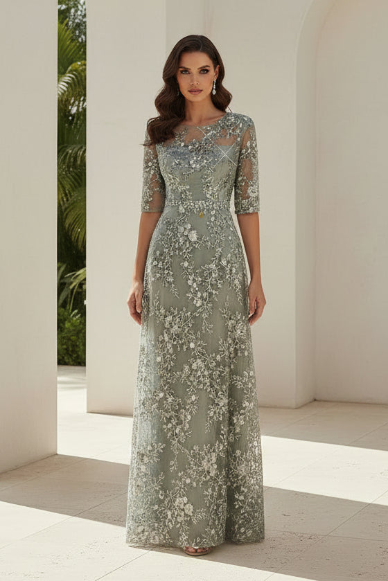 Illusion Floral Embroidered A-Line Evening Gown