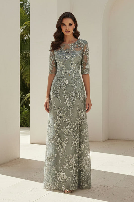 Illusion Floral Embroidered A-Line Evening Gown