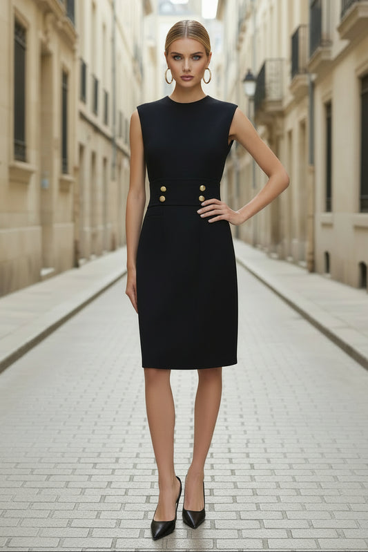 Sleeveless High Neck Dress with Double-Button Waist