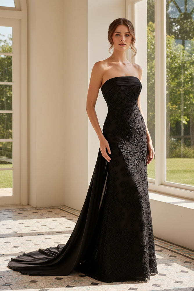 Strapless Floral Lace Gown with Satin Back Drape