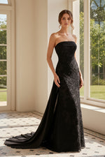 Strapless Floral Lace Gown with Satin Back Drape