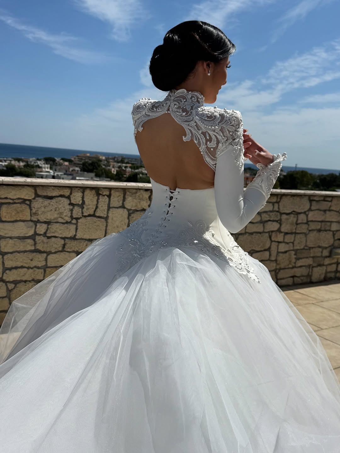 High Neck Lace Long Sleeve Ball Gown Wedding Dress