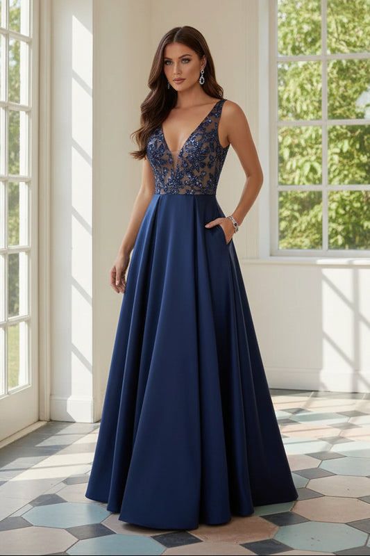 A-Line Satin Evening Gown with Illusion Lace Bodice