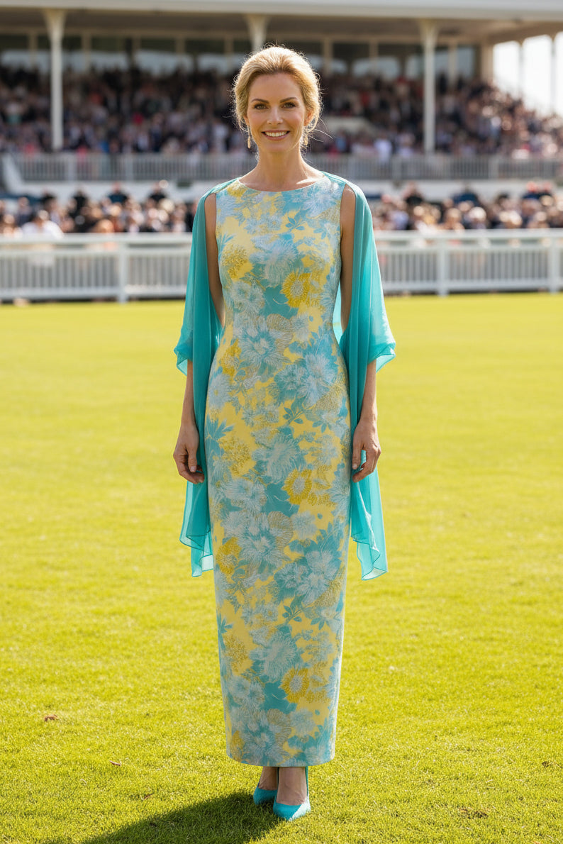 Floral Print Sheath Maxi Dress with Chiffon Wrap