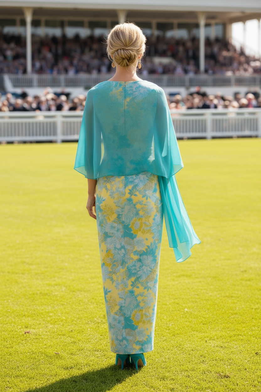 Floral Print Sheath Maxi Dress with Chiffon Wrap