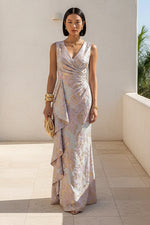 Floral Wrap Bodice Ruffle Evening Gown