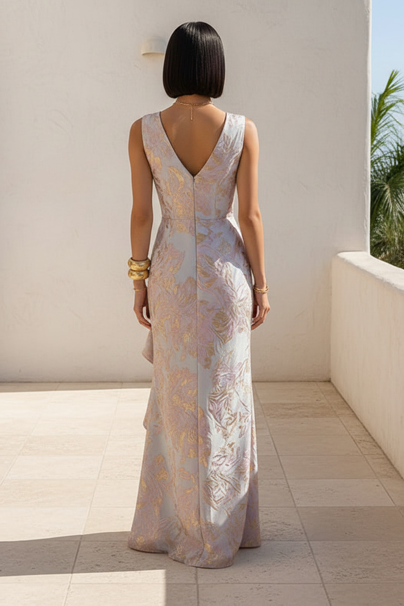 Floral Wrap Bodice Ruffle Evening Gown