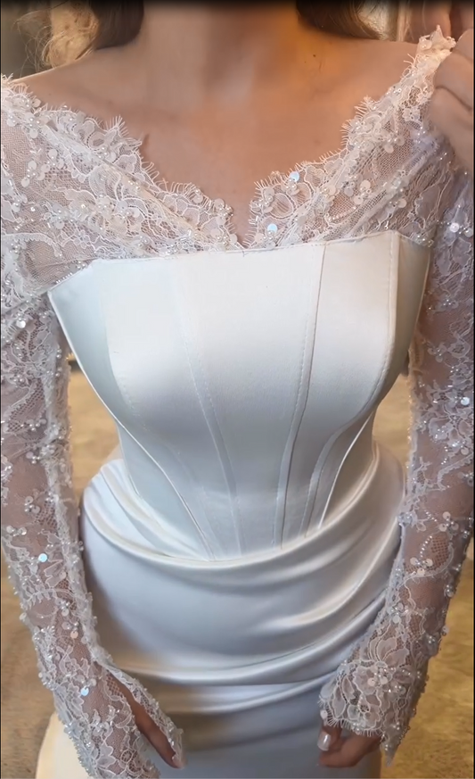 Off Shoulder Lace Corset Wedding Dress Long Sleeves