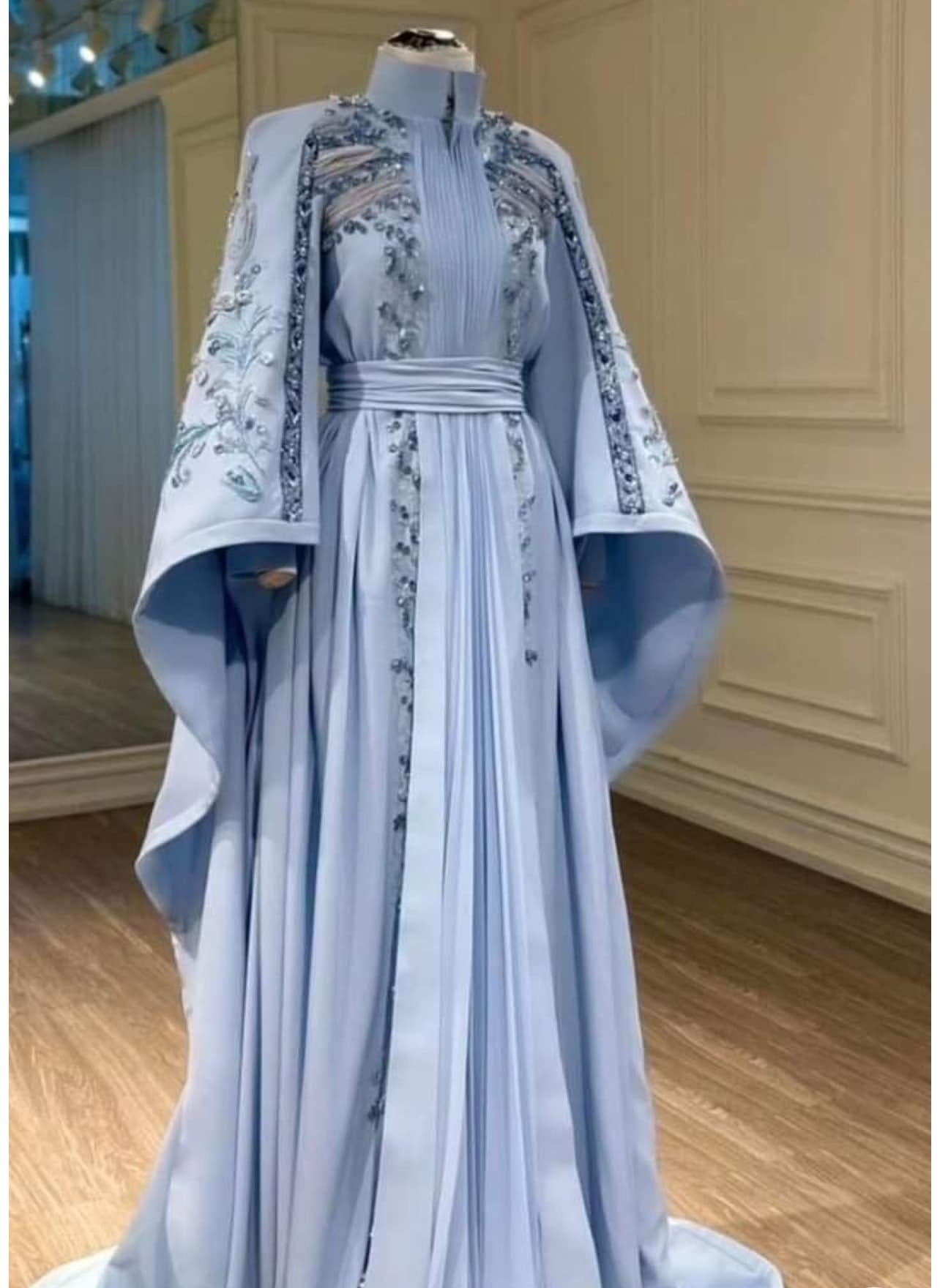 Embroidered Bell Sleeve Pleated Formal Evening Gown