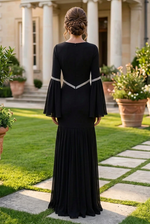 Bell Sleeve Evening Gown with Beaded Waist