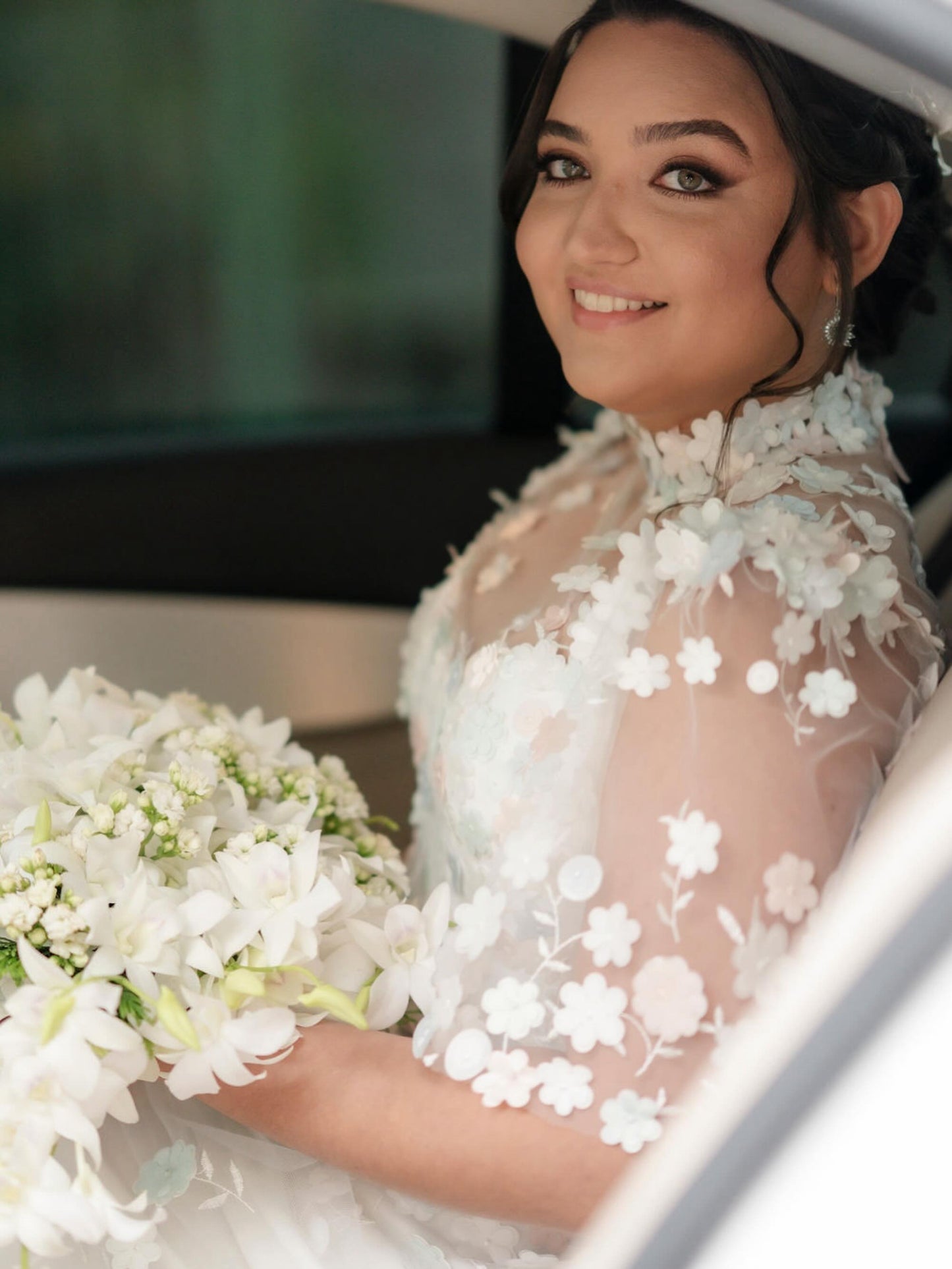 Illusion High Neck Flutter Sleeve A-Line Bridal Gown
