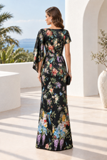 Floral Print Asymmetrical Cape Sleeve Gown